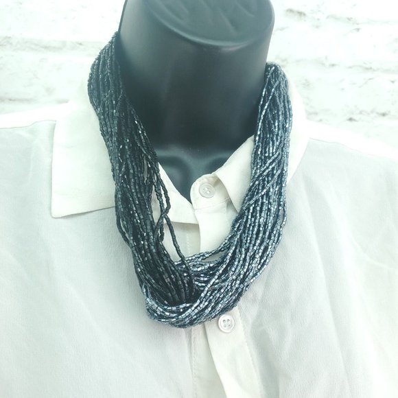 Womens Black Metallic Gray Beaded Twisted Multi Strands Statement Necklace - Picture 2 of 10